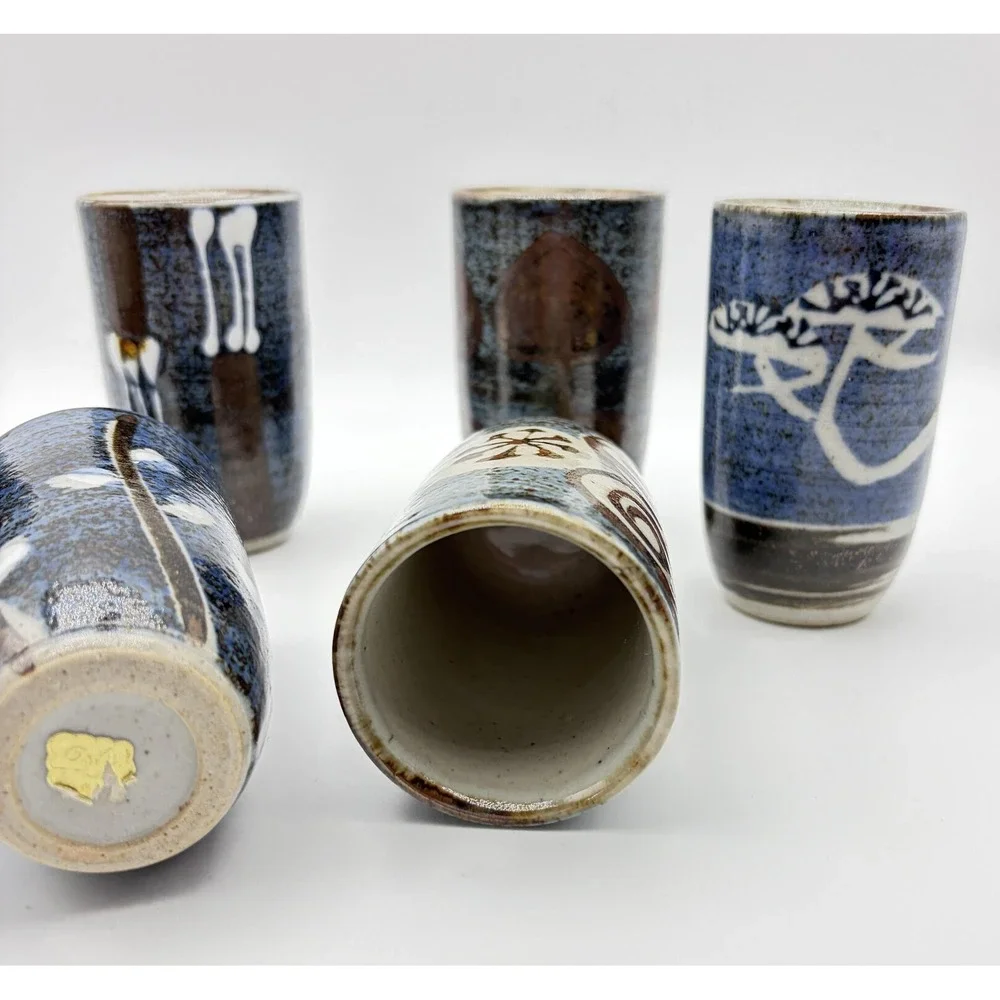 Studio Pottery Stoneware‎ Yunomi Tea Cups Set of 6 Blue Glaze Hand Painted Decor